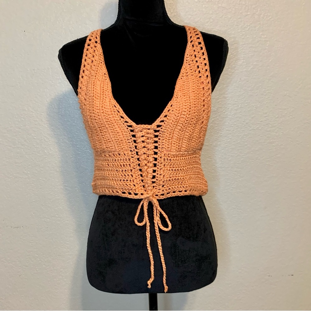 Tea & Cup Crochet Bralette Top Racer Back Boho Orange Size Medium/ Large
